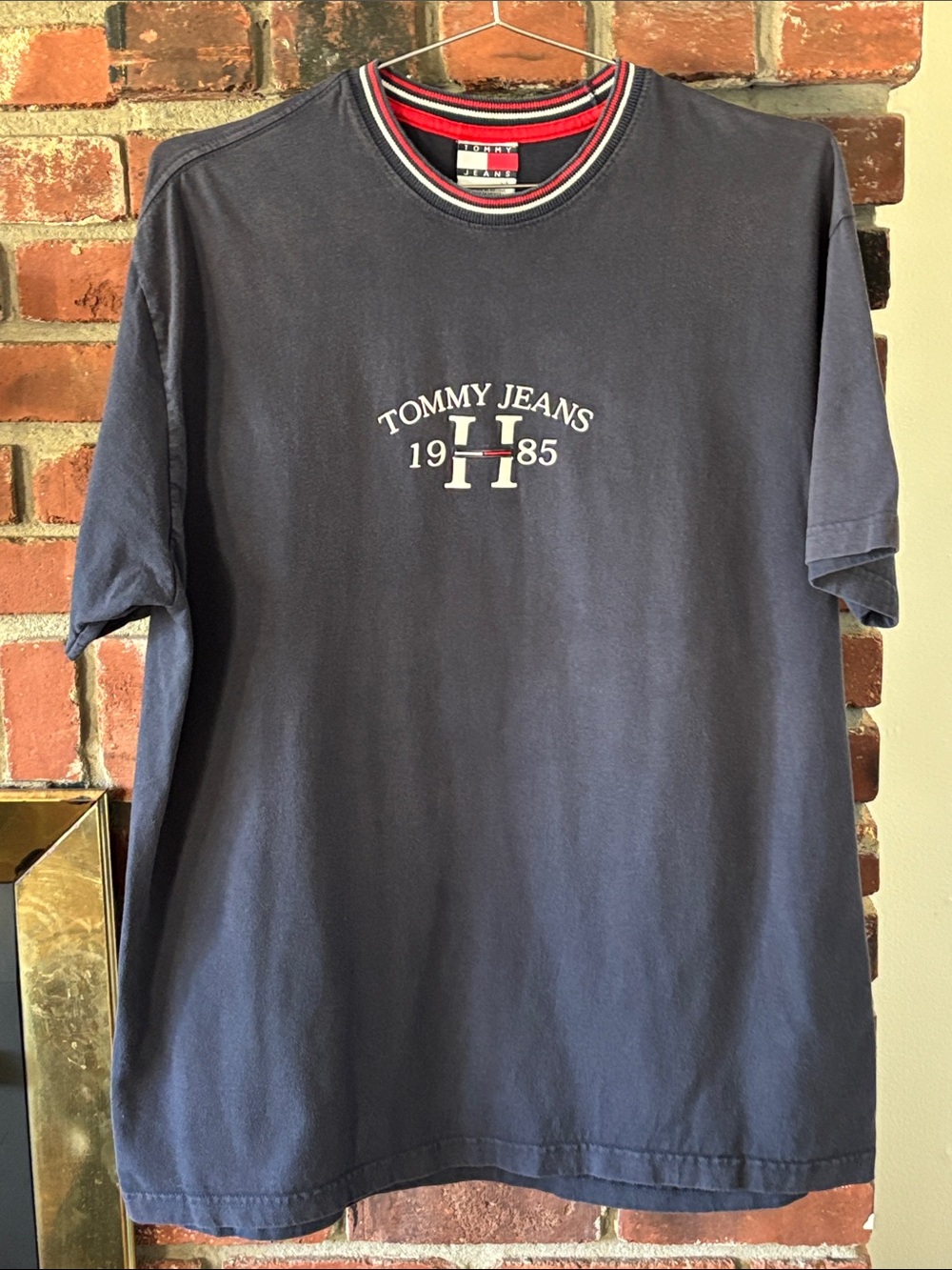 Authentic 90s Tommy Jeans 1985 Embroidered Logo Ringer T-Shirt in Blue Large